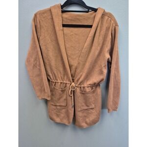 Womens Cardigan Hooded Tie Front Sweater Brown Cozy Lounge Size L